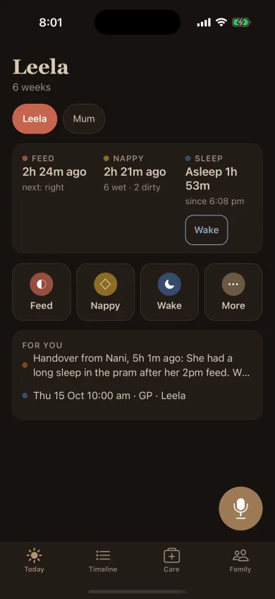 Tiny & Mine in night mode: the Today screen in dim, warm brown tones.