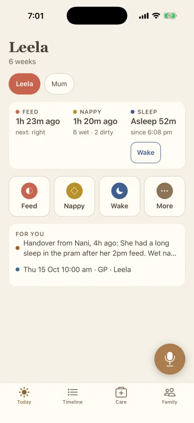 Tiny & Mine's Today screen for Leela, 6 weeks old: when she last fed, her last nappy, how long she has slept, and buttons for feed, nappy and sleep.