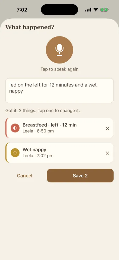 The voice sheet after saying "fed on the left for 12 minutes and a wet nappy": two cards, a feed on the left side for 12 minutes and a wet nappy, with a Save button.